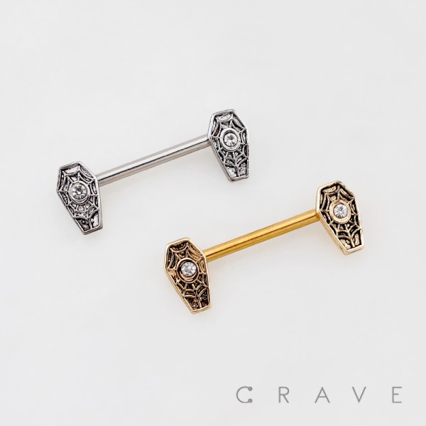 COFFIN-SHAPED ENDS WITH A SPIDER WEB PATTERN 316L SURGICAL STEEL NIPPLE RING